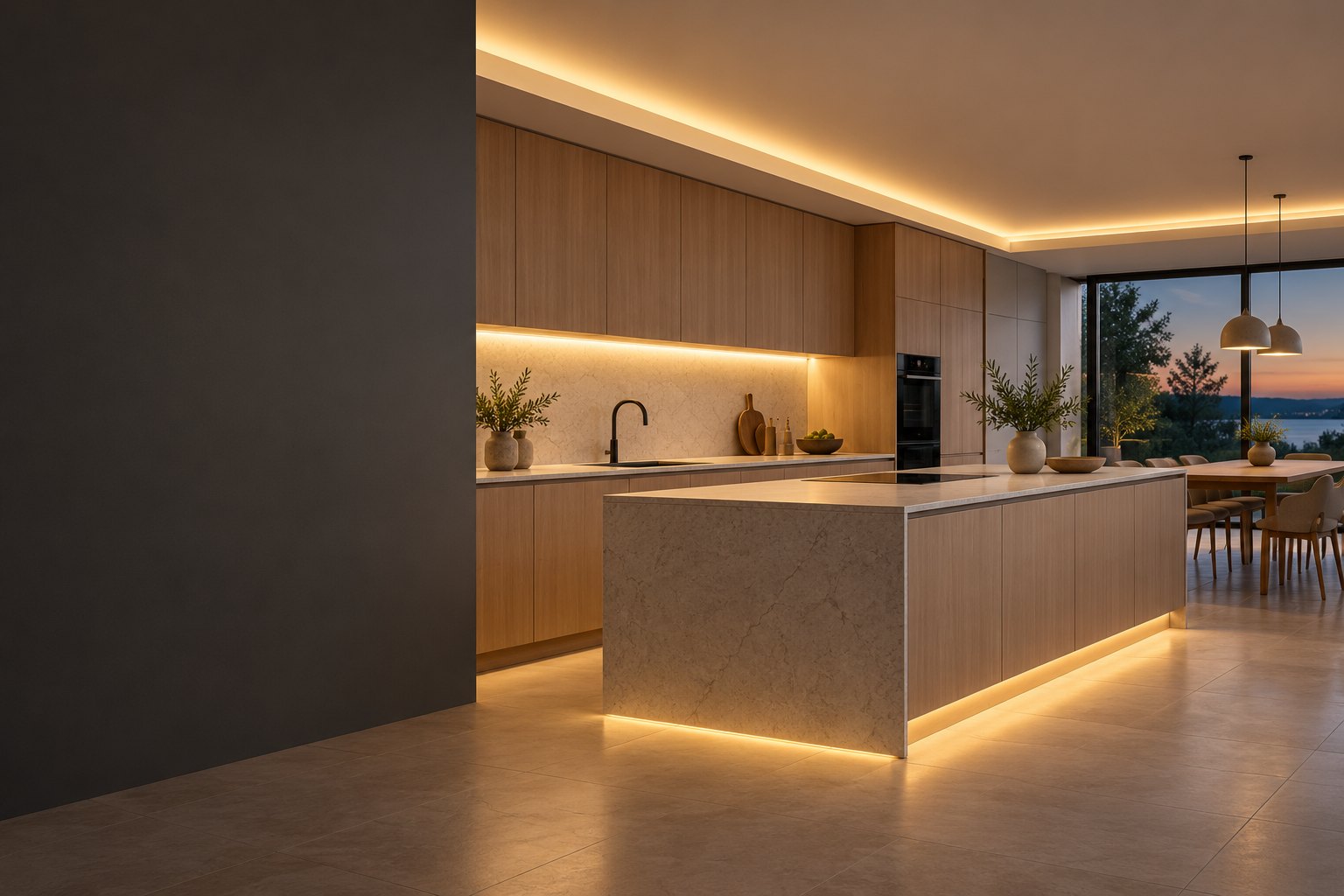 Kitchen with LED strip lighting in a ceiling cove, under the cabinets and along the island