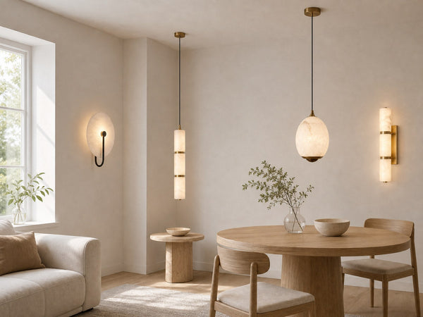 Alabaster series stacked alabaster cylinder pendant and wall lights with brass fittings