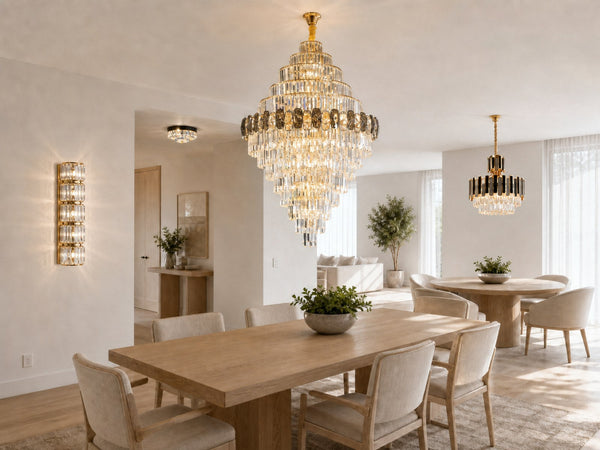 Crown series tiered black and gold crystal chandelier with prism skirt