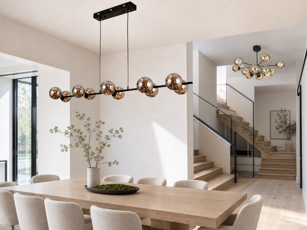 Firework series linear pendant with scattered glass globes in a bright daylit interior