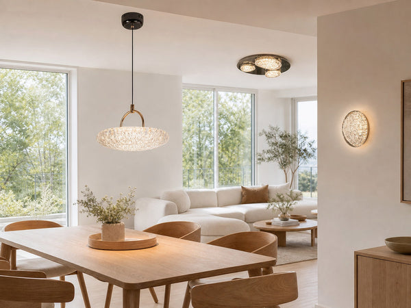 Jelly series textured glass pendant in a bright daylit dining room