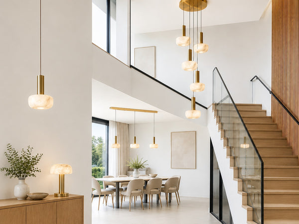 Moonstone alabaster pendants in a bright double-height stairwell and dining room