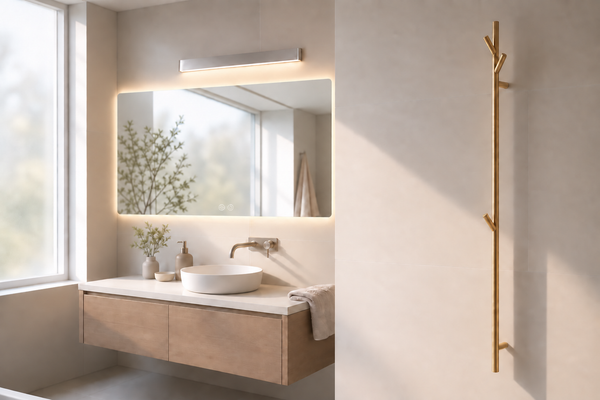 Bathroom with Galaxy WK frameless backlit LED mirror, B106 vanity light and gold heated towel rail
