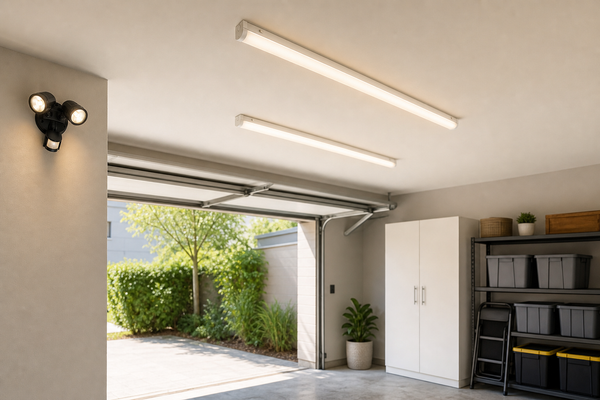 Garage with LED battens and sensor flood light