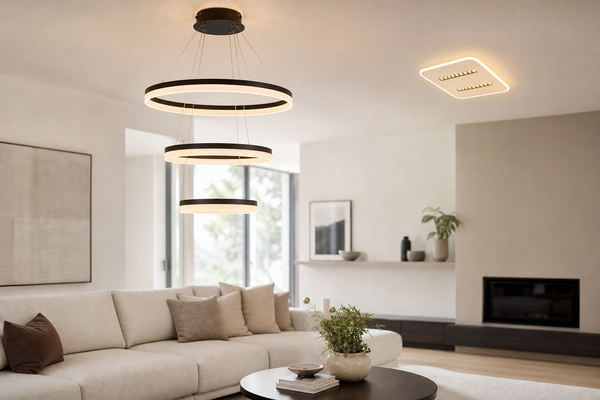 Living room with Galaxy Lighting pendant and ceiling light