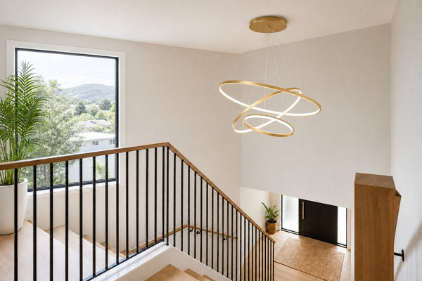 Stairway void lighting - P427 three-ring pendant