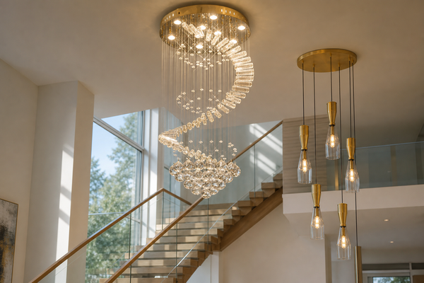 Double height void with long crystal drop chandelier
