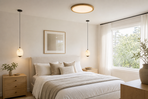 Bedroom with alabaster bedside pendants and wood rim ceiling light