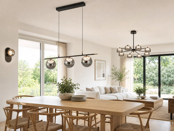 Saturn series smoked glass linear pendant and chandelier in a bright daylit room