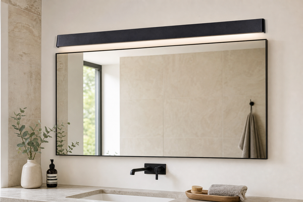 Black LED vanity bar light B106 above a bathroom mirror