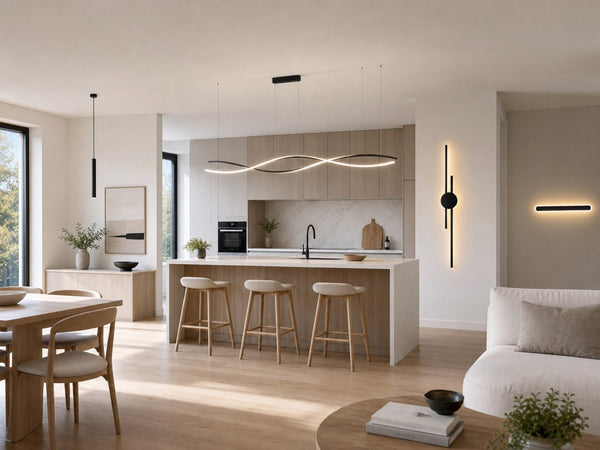 Time Travel series black double-spiral linear pendant over a kitchen island