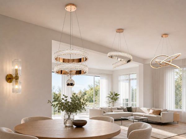 Venus series rose gold double-ring crystal chandelier with hanging crystal orb