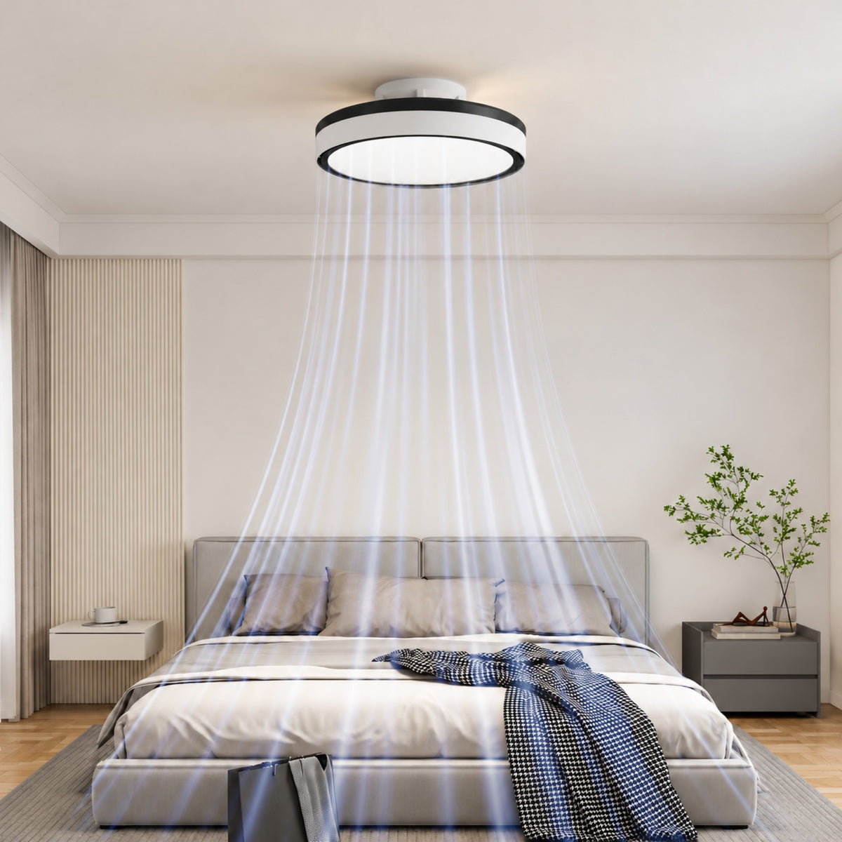 C127-Black bladeless fan light airflow over a bed