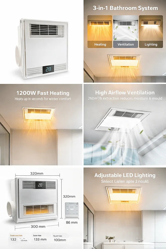Bathroom Heater Fan Light 3 IN 1, 1200W Heating + Exhaust + LED Light - Galaxy Lighting NZ