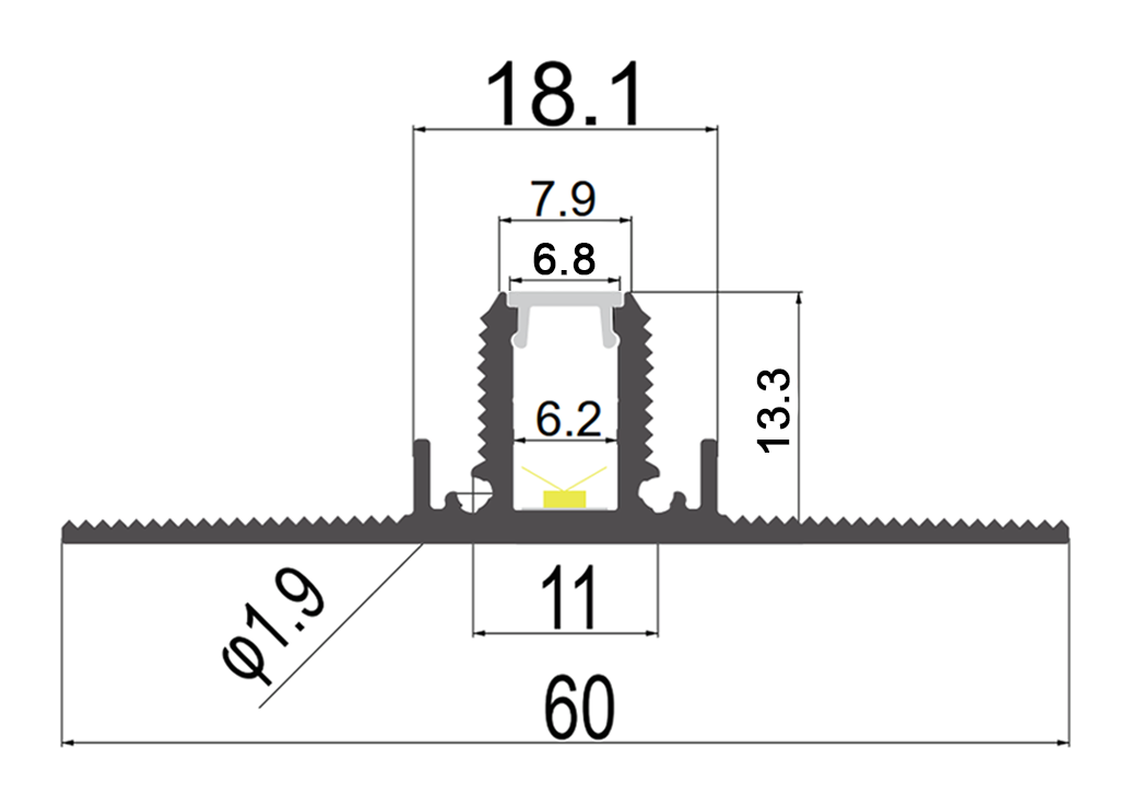 Mini Trimless Plaster-In Aluminium Profile, 2m cross-section
