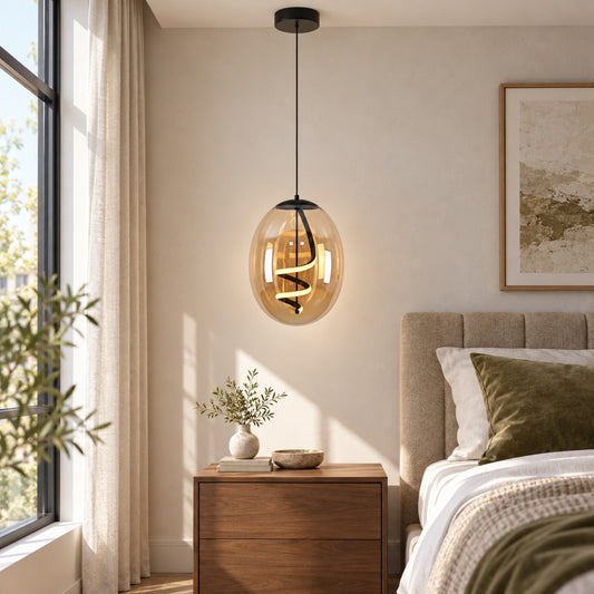 Spiral Amber Glass LED Pendant Light P122-AM beside a bed