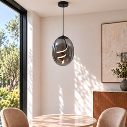 Spiral Smoke Grey Glass LED Pendant Light P122-SG over a dining table